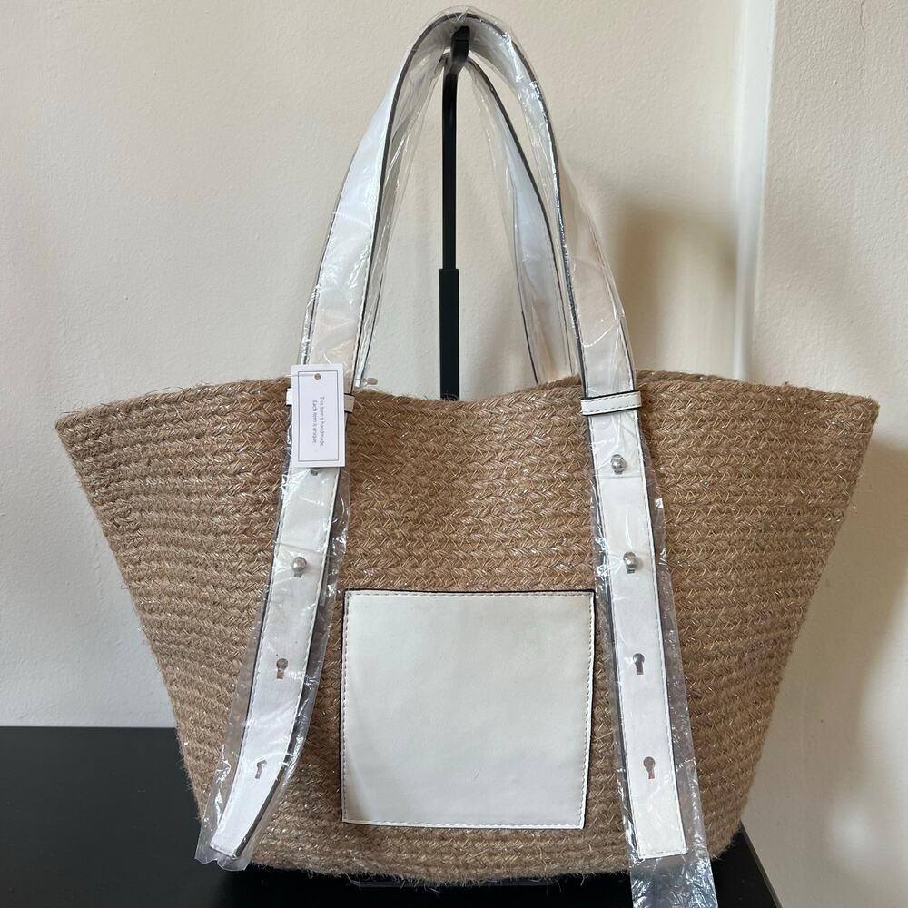 NWT Metallic Silver Thread Woven Tote Bag with Adjustable Straps Front Pocket